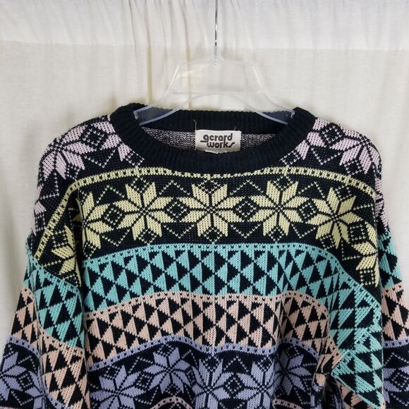 Vintage 90s Gerard Works Snowflake Nordic Loud Knit Sweater Womens M HK Pastel - Picture 2 of 5